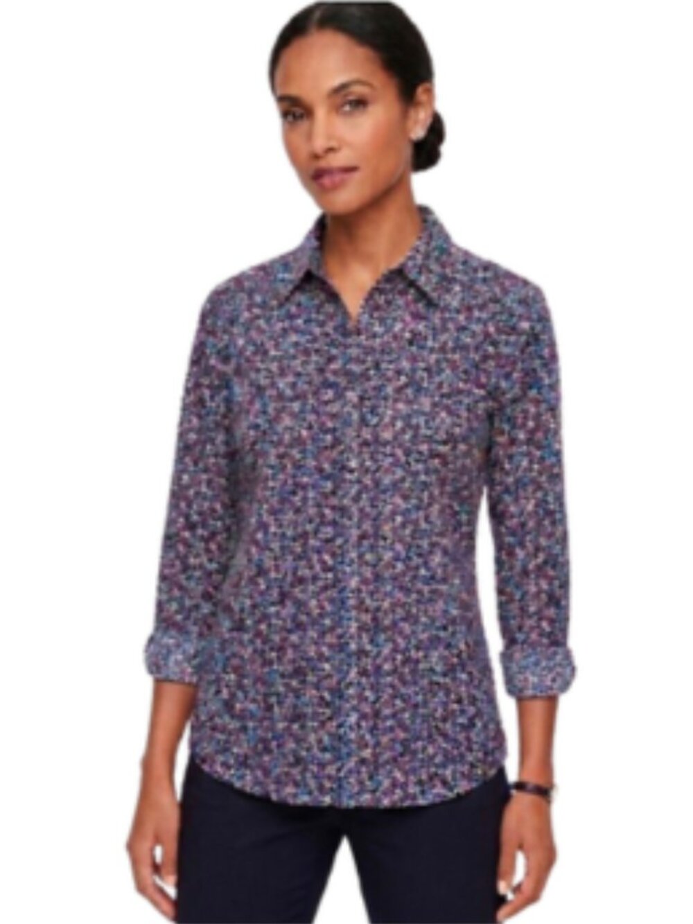 Talbots Navy Floral All Cotton Button Down Blouse Roll Tab Sleeves Classic sz 12